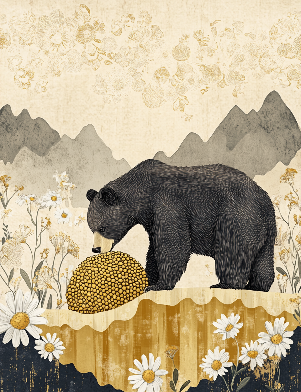 Bear with honeycomb surrounded by flowers and mountains on a beige background