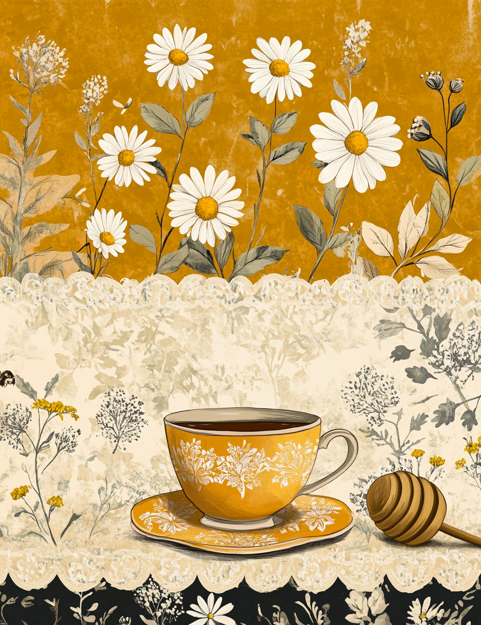 Vintage-style illustration of a teacup with flowers and honeycomb on a textured background