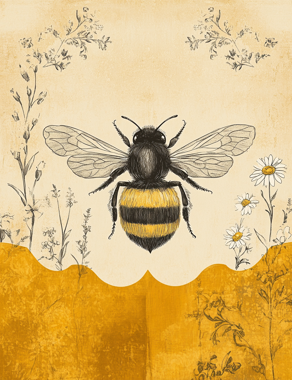 Illustration of a bee on a textured background with flowers