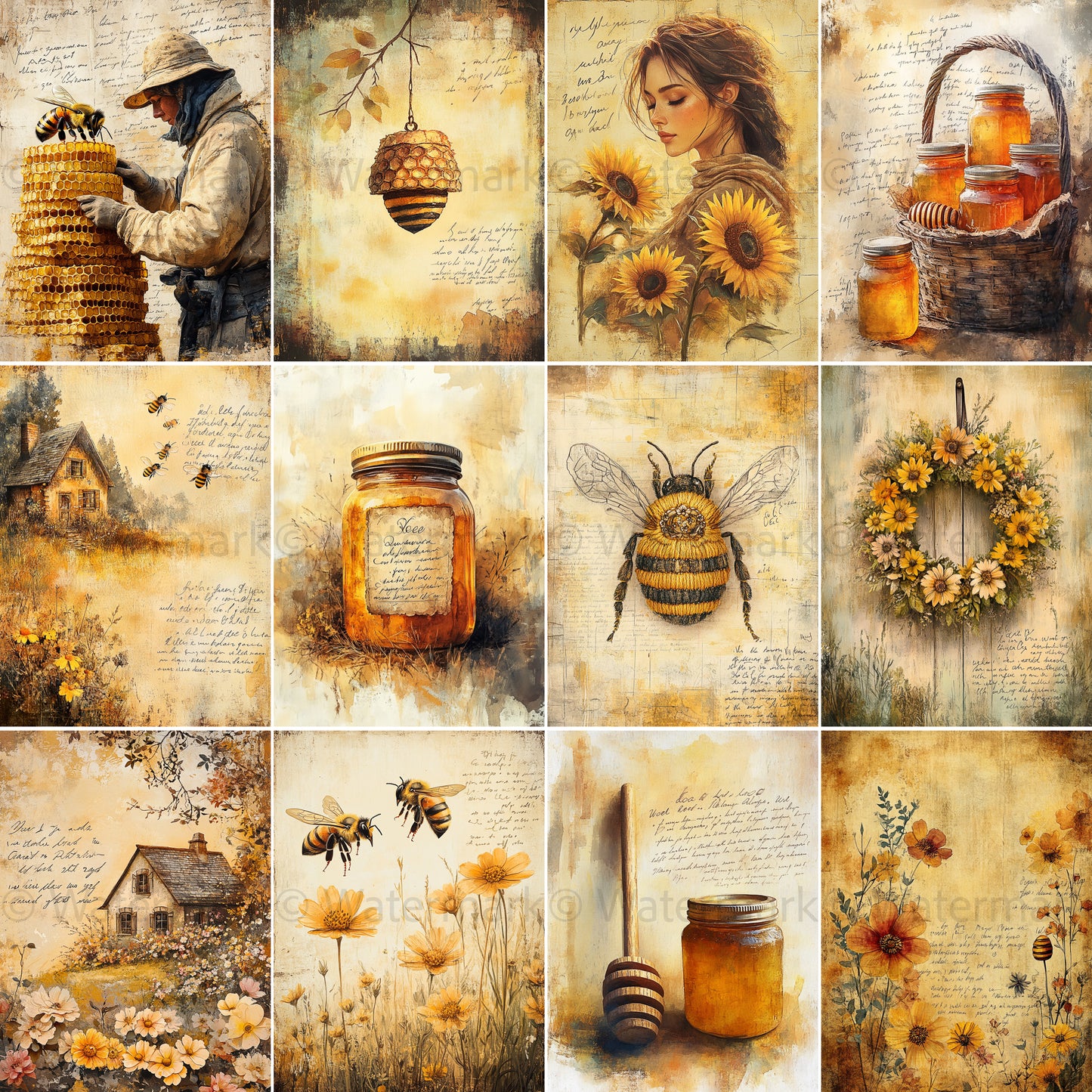 Midjourney Guide Prompts for Honeybee Watercolor Ephemera Papers