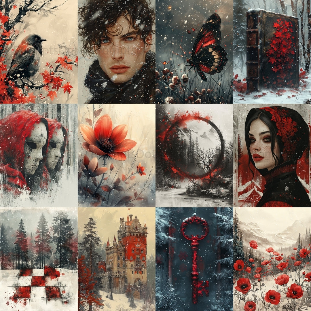 grid of images Ice Red Winter Queen Digital Pages Midjourney Prompts