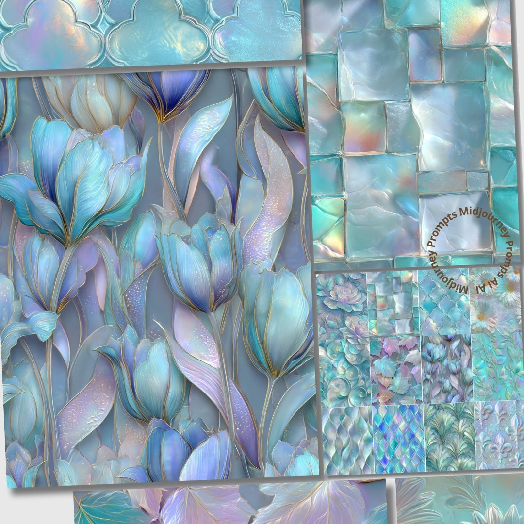 Collage of stained glass patterns with floral and abstract designs in teal, purple, and white.