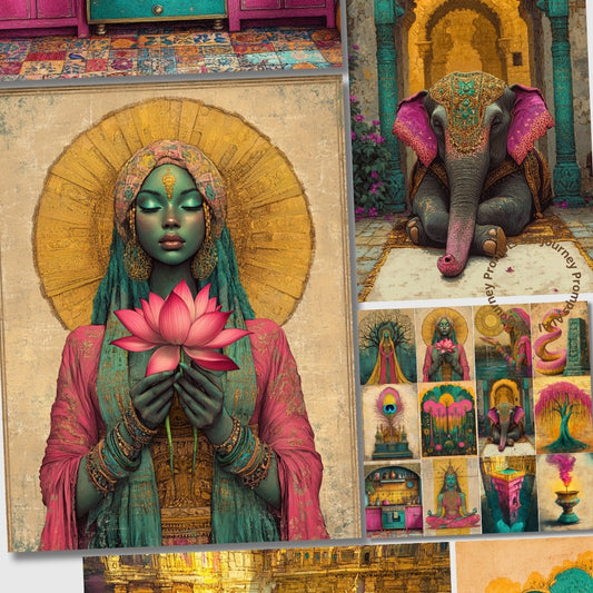 Collage of artistic images including a woman with a lotus flower, an elephant, and various other colorful illustrations.