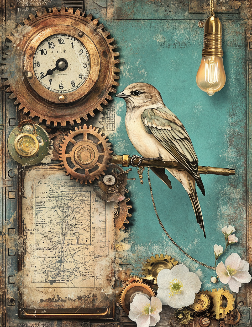 Midjourney V 6.1 Prompts for Industrial Steampunk Floral Junk Journal