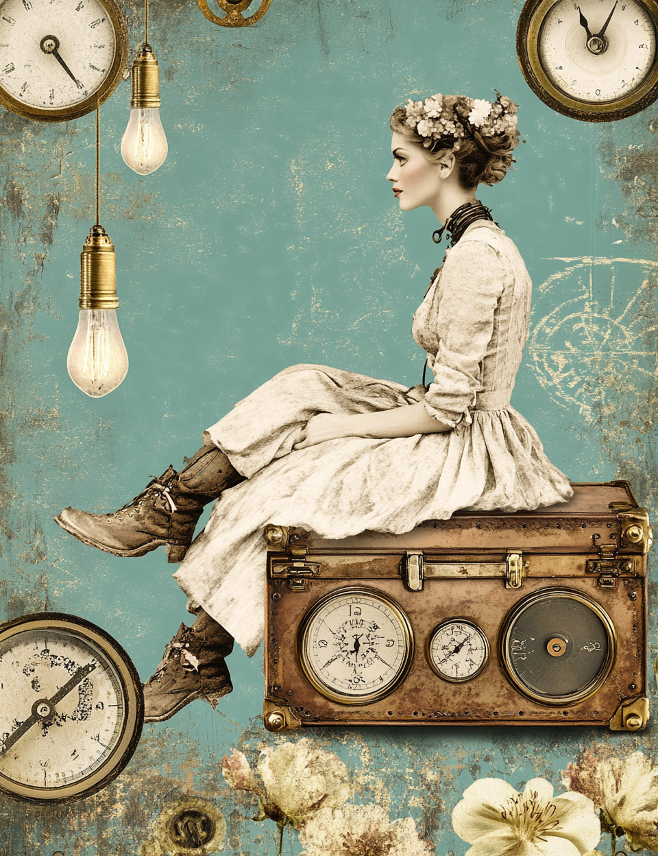 Midjourney V 6.1 Prompts for Industrial Steampunk Floral Junk Journal