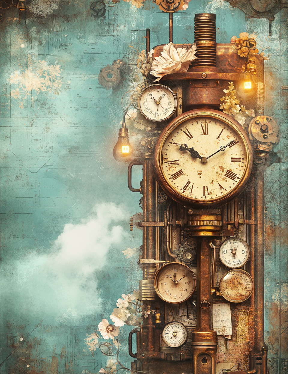 Midjourney V 6.1 Prompts for Industrial Steampunk Floral Junk Journal