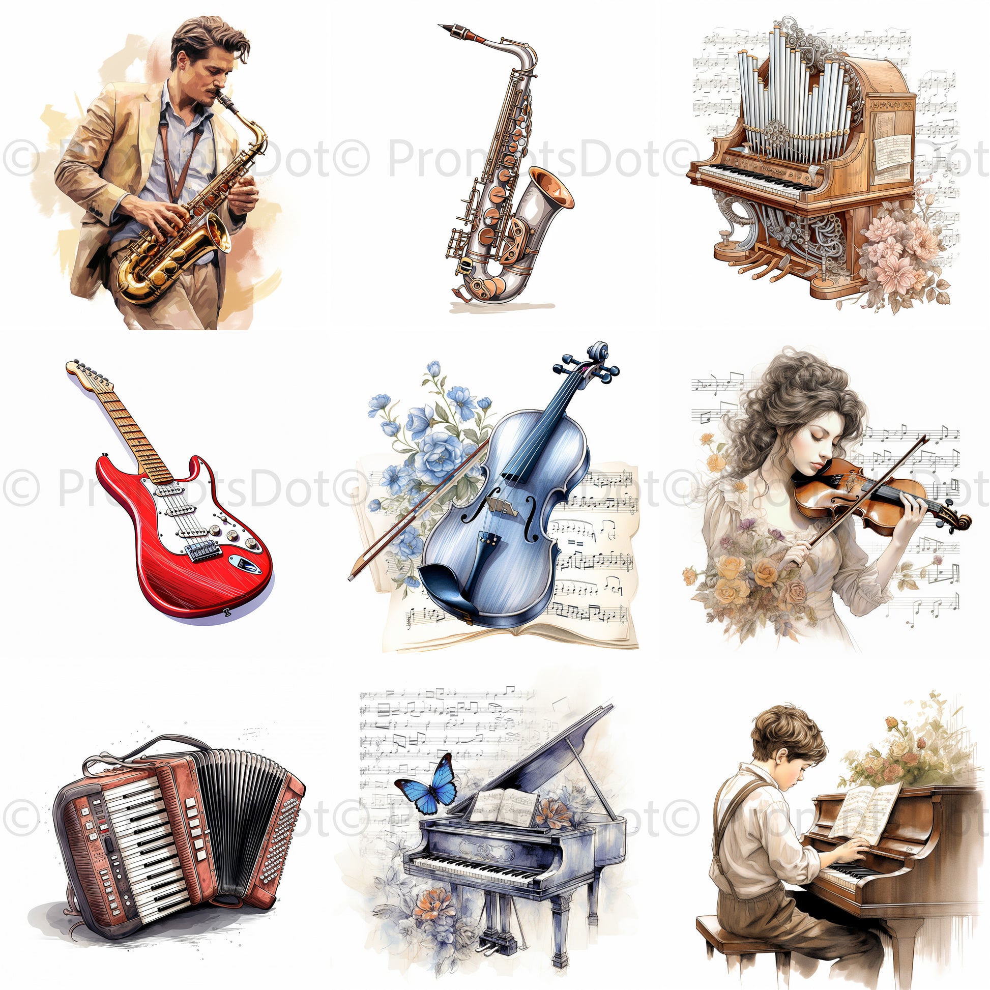 Instruments Watercolor Clipart Musicians Midjourney Prompt Commercial Use