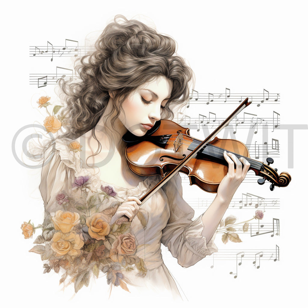 a woman playing the violin Instruments Watercolor Digital Clipart Musicians and Midjourney Prompt Commercial Use