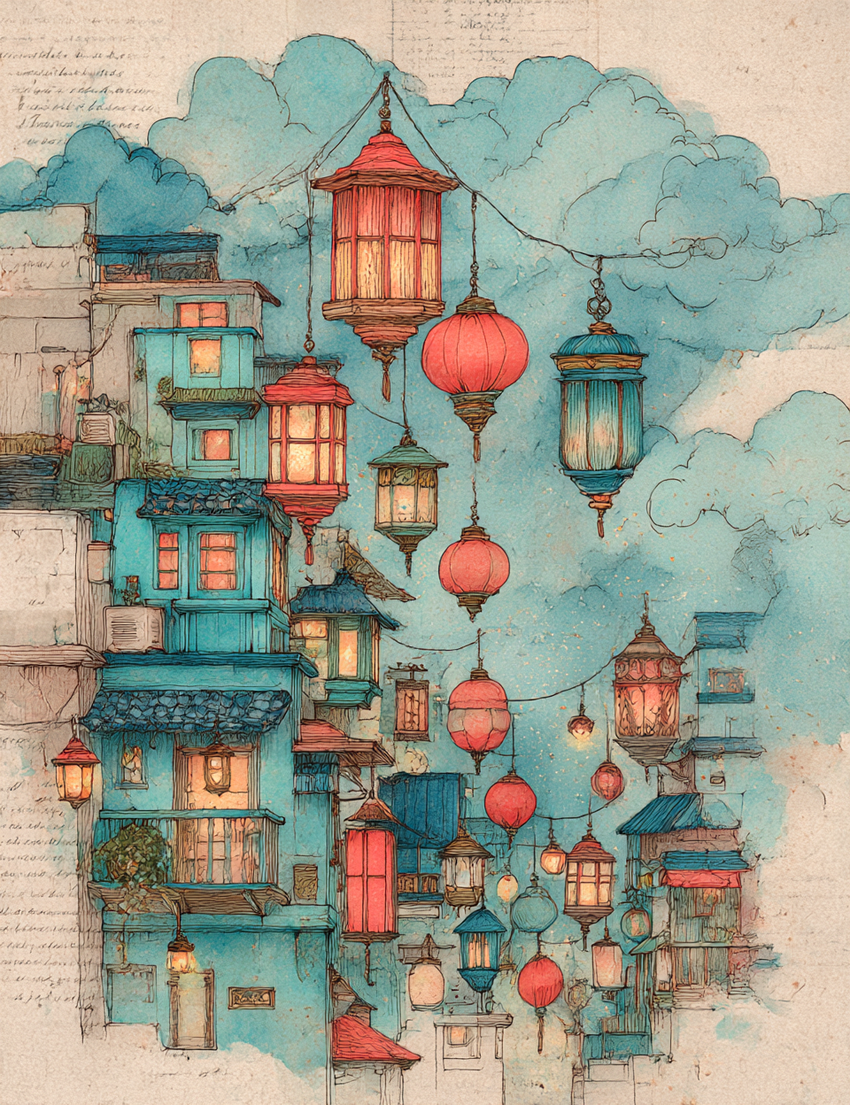 Illustration of a whimsical cityscape with floating lanterns against a blue sky.