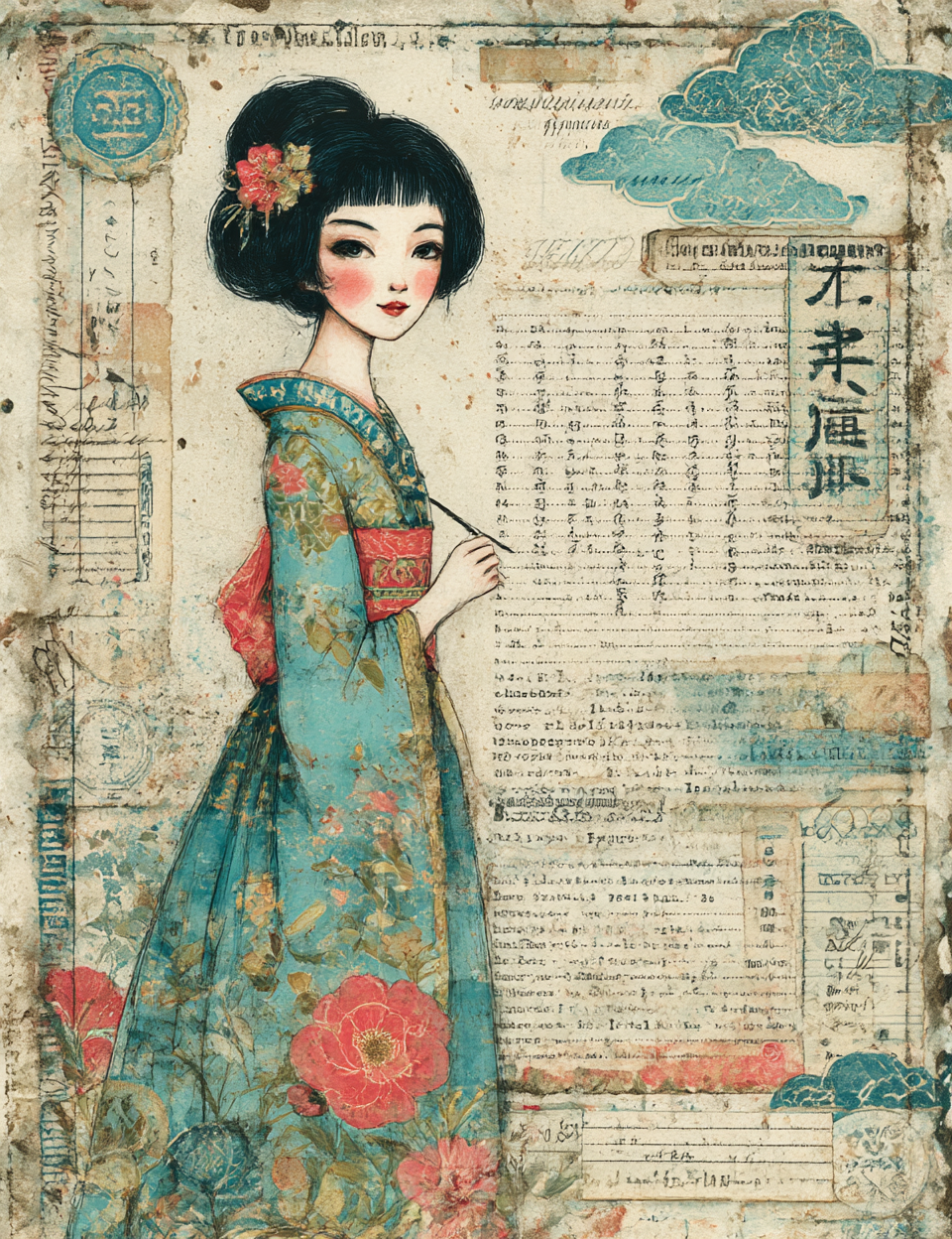 Illustration of a woman in a traditional outfit with floral elements on an artistic background.