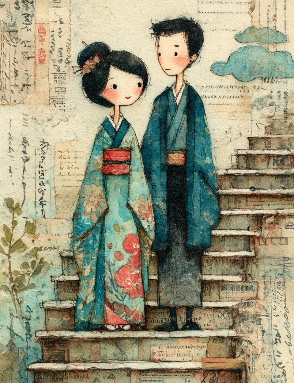 Illustration of a couple in traditional attire standing on a staircase with a textured background.