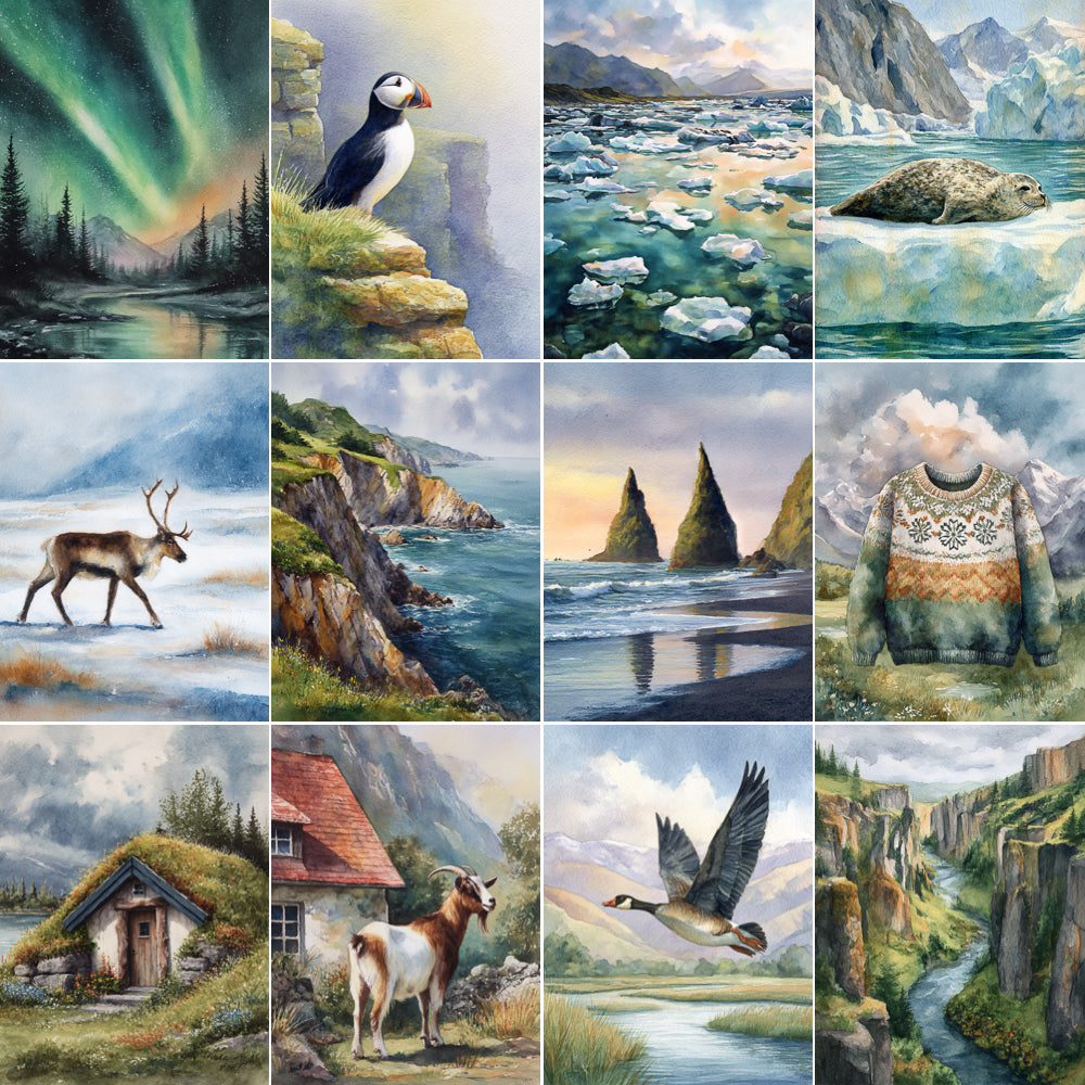 Collage of various nature-themed paintings including landscapes, animals, and a person in a sweater.