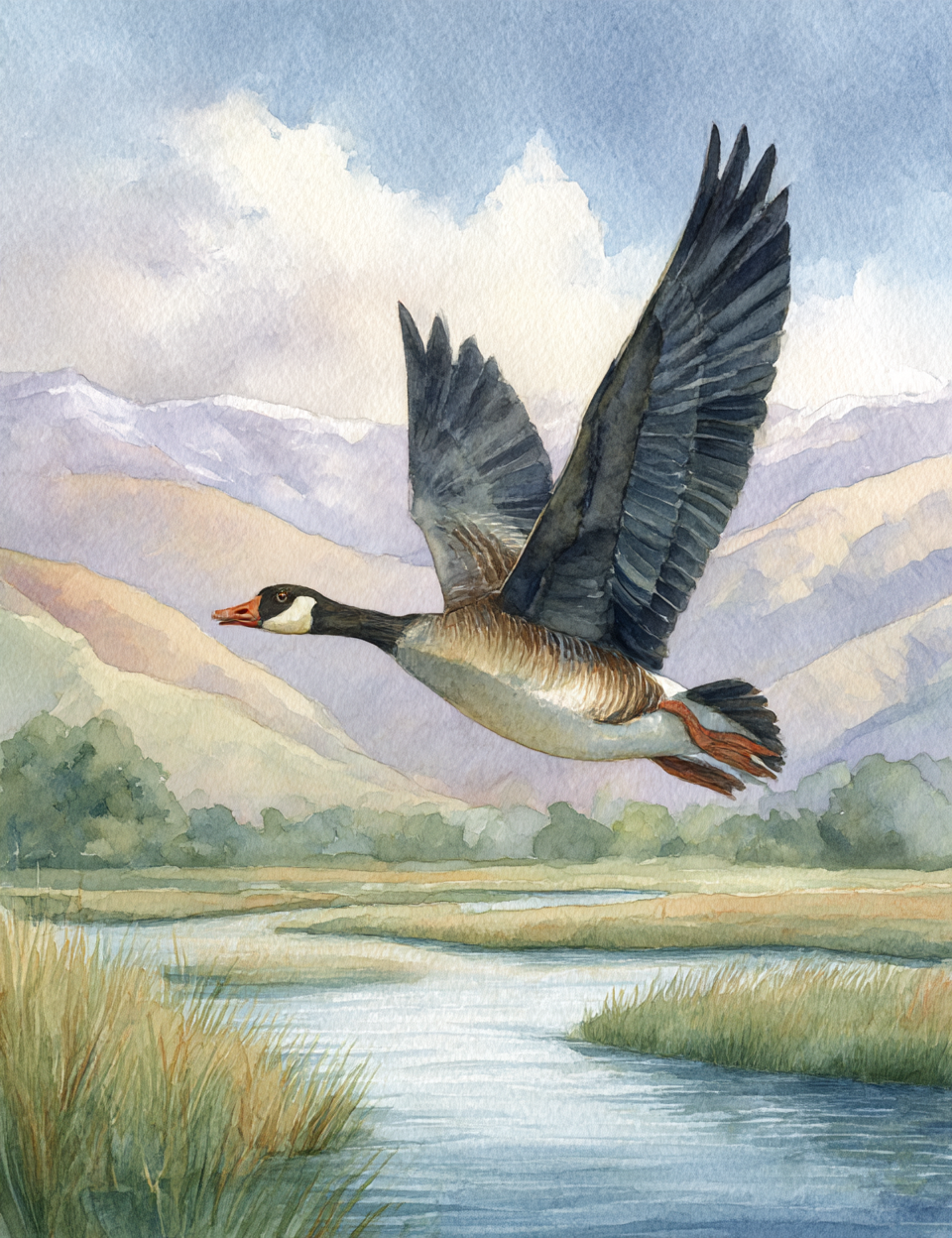 Painting of a goose flying over a landscape with mountains and water.