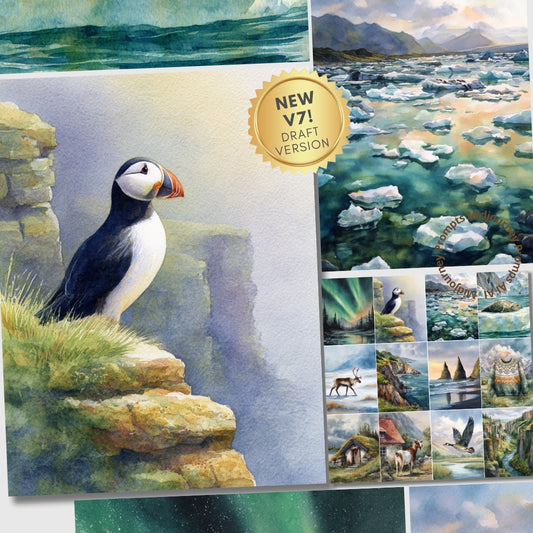 Collage of watercolor paintings featuring a puffin, landscape scenes, and nature elements.