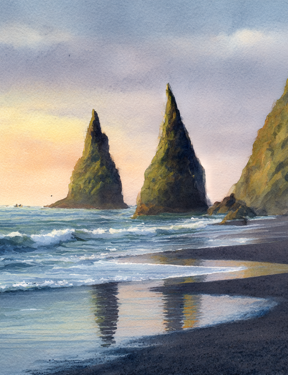 Painting of a coastal scene with two prominent rock formations and a beach.