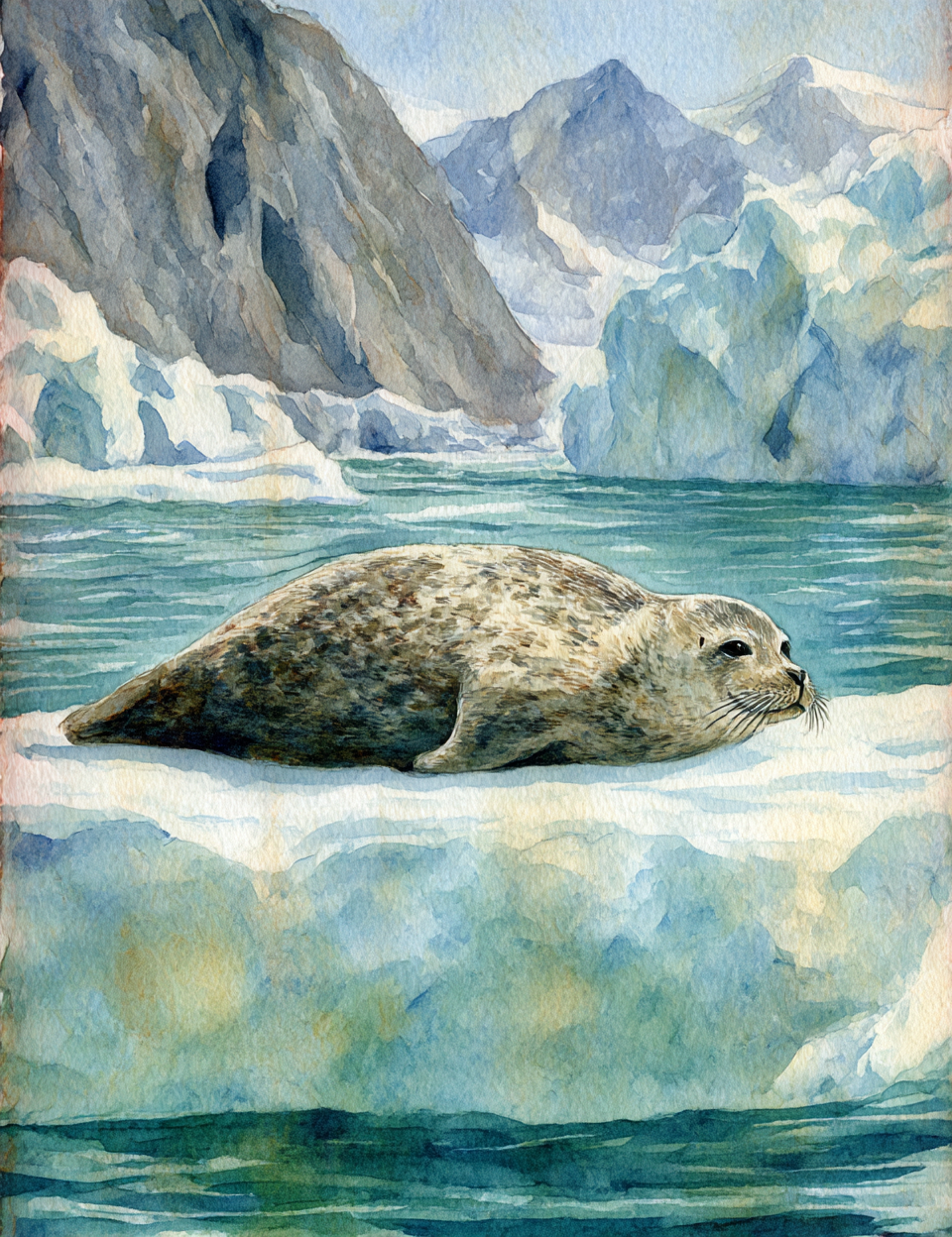 Watercolor painting of a seal on ice with mountains and water in the background