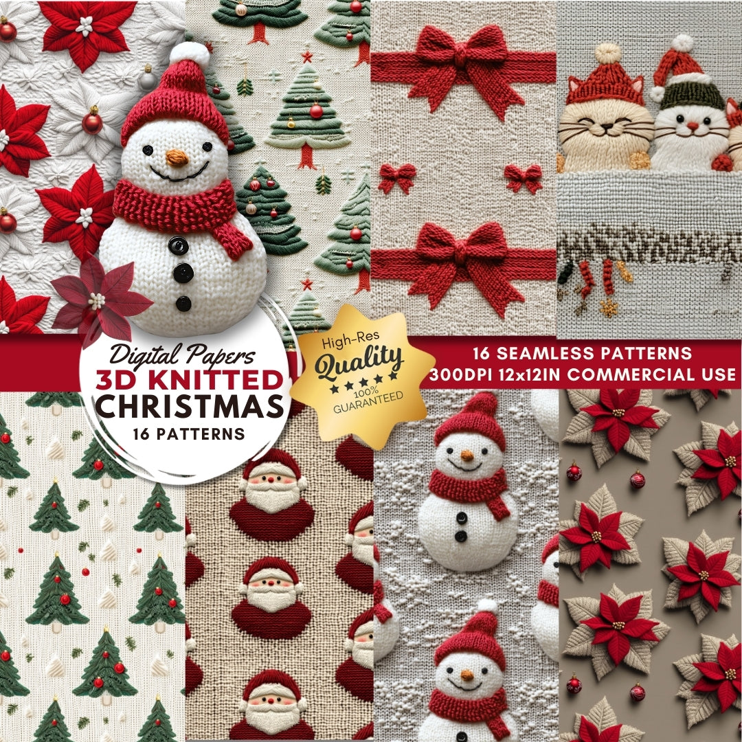 16 3D Style Knitted Christmas Seamless Papers