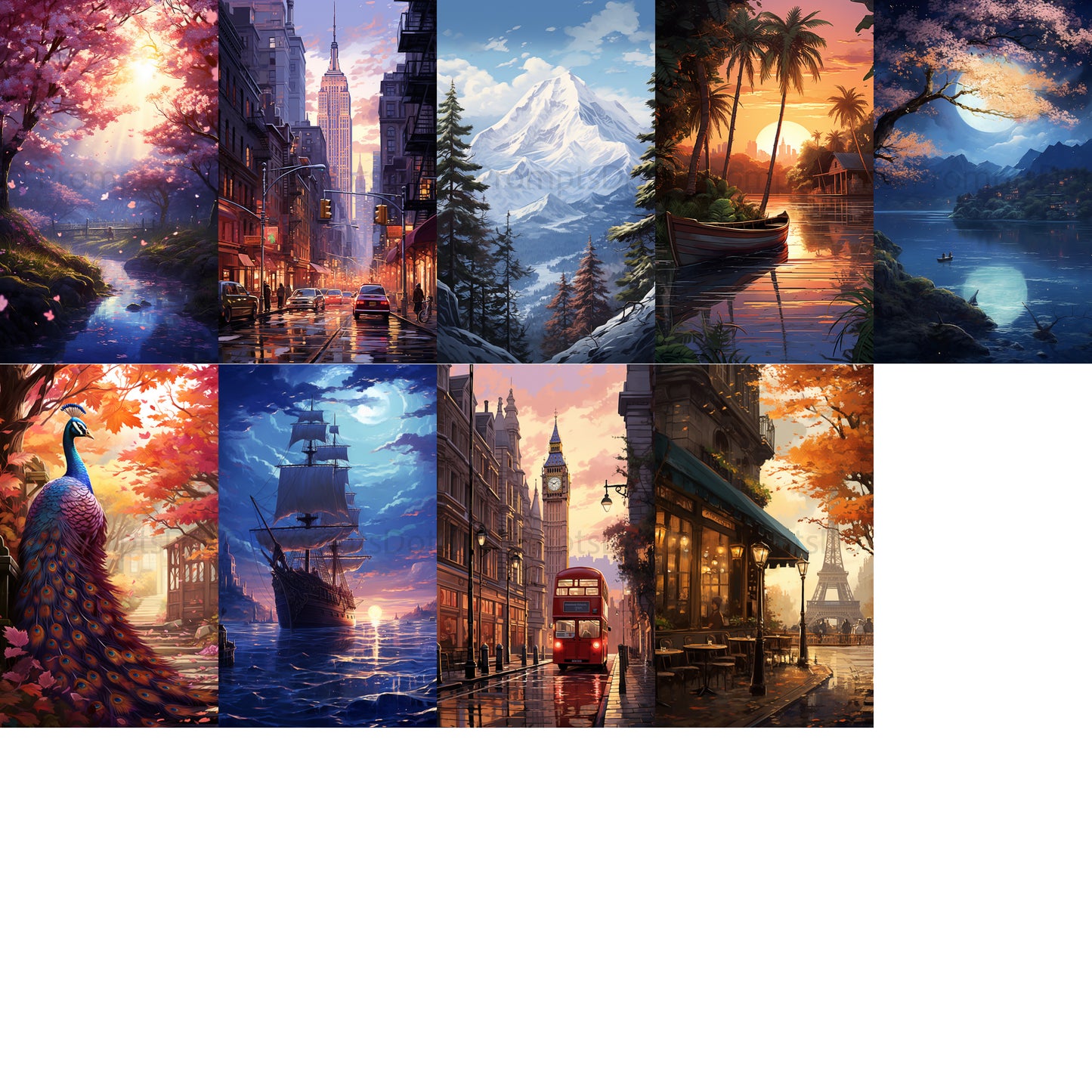 grid of nine Landscape Posters Cities Digital Postcards