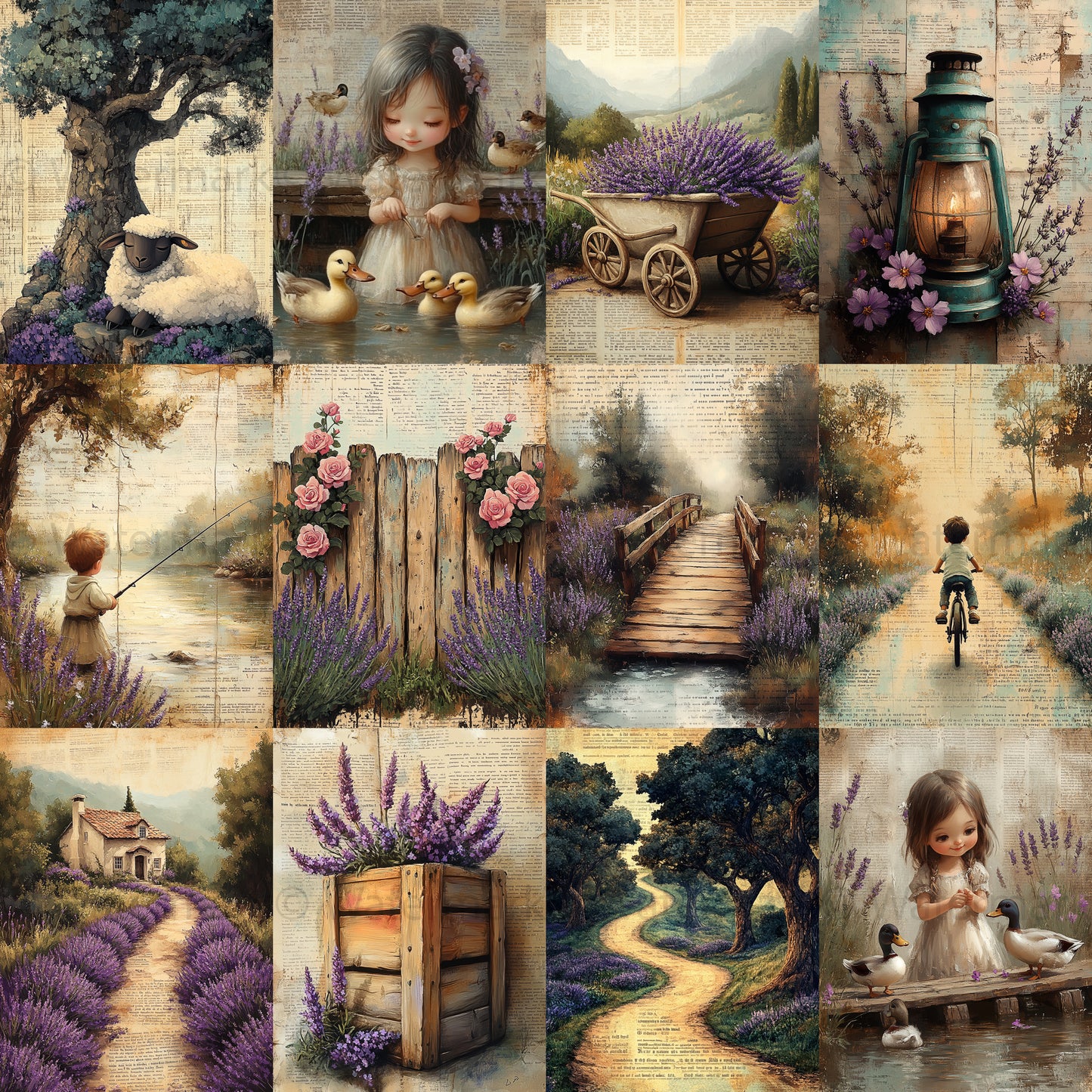 Grid of images Midjourney Guide PDF for Mixed Media Lavender Junk Journals