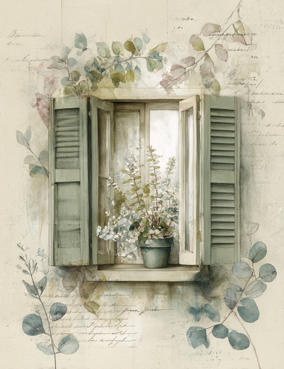 Decorative illustration of an open window with plants and shutters, surrounded by eucalyptus leaves on a textured background.
