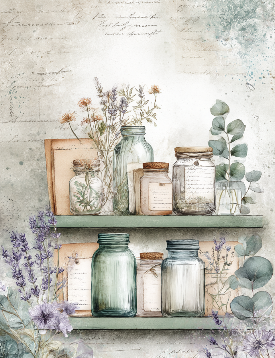 Decorative shelf with jars, books, and flowers against a textured wall.