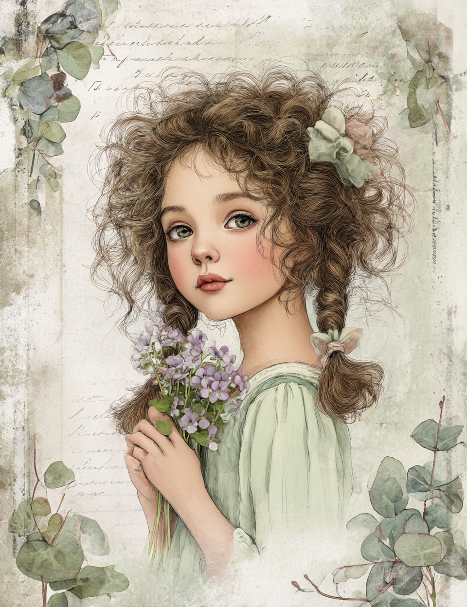 Illustration of a young girl with flowers and greenery
