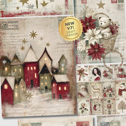 Collage of Christmas-themed designs including a village scene, teddy bear, and decorative elements.