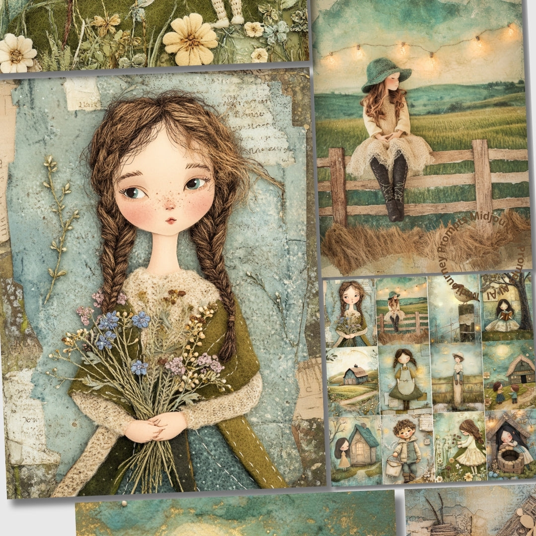 Collage of illustrations featuring a young girl with braided hair, flowers, and a scenic landscape.