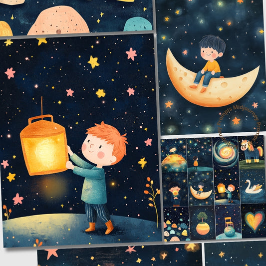 Collage of illustrations featuring children on the moon and holding a lantern against a starry night sky.