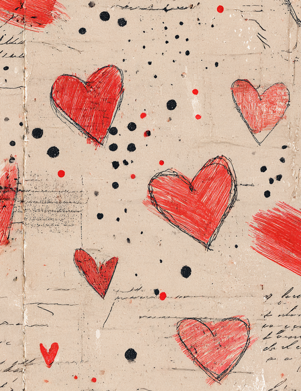 Red hearts and black dots on a textured beige background