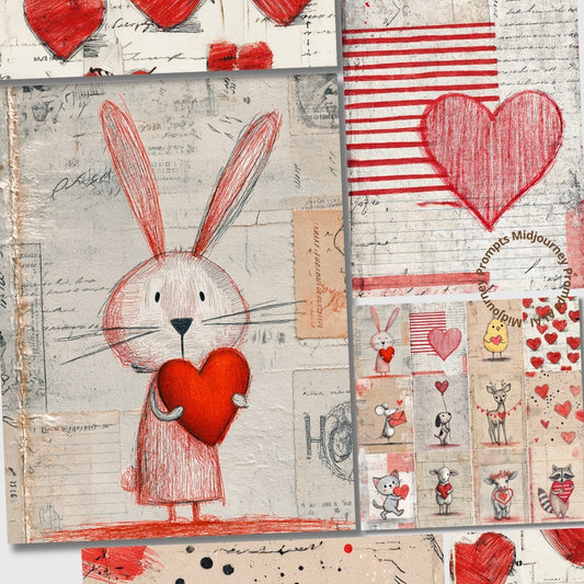 Collage of a rabbit holding a heart, surrounded by heart-themed illustrations and patterns.