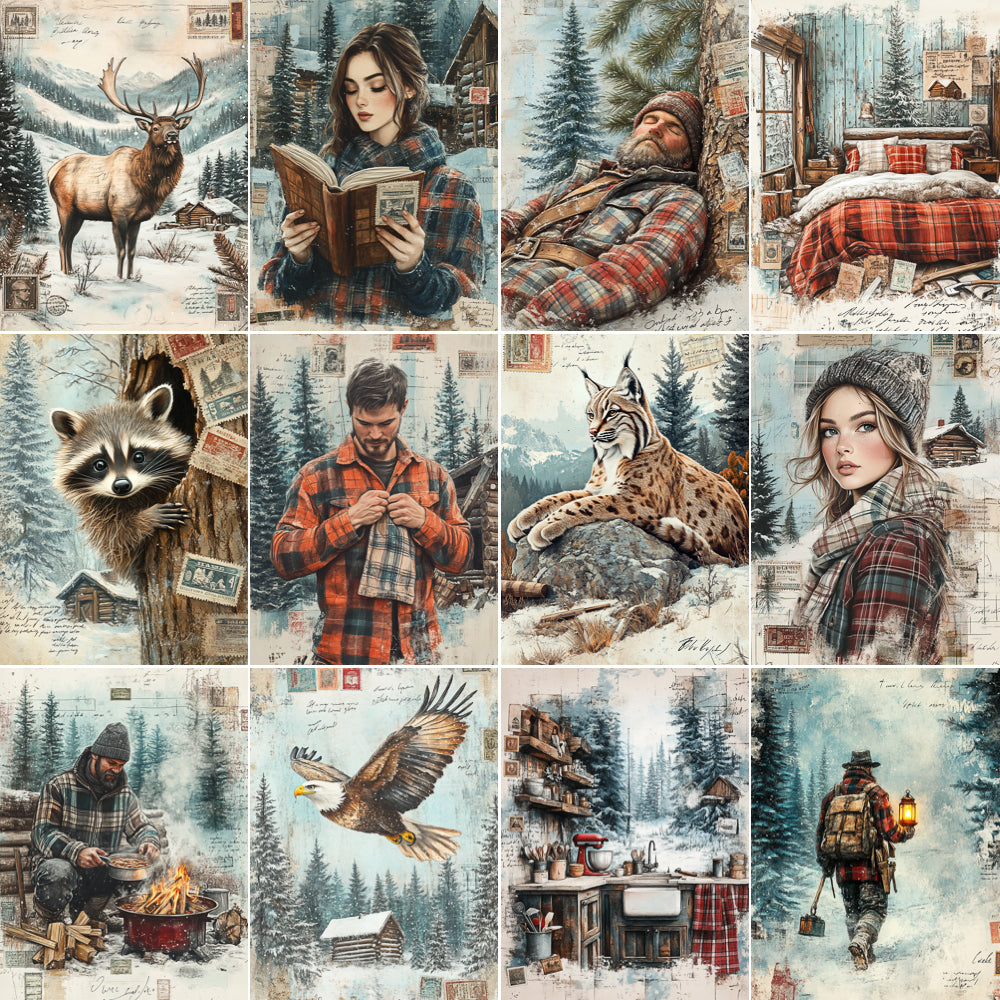 Collage of scenes featuring a person in a plaid shirt in a forest setting with animals and rustic elements.