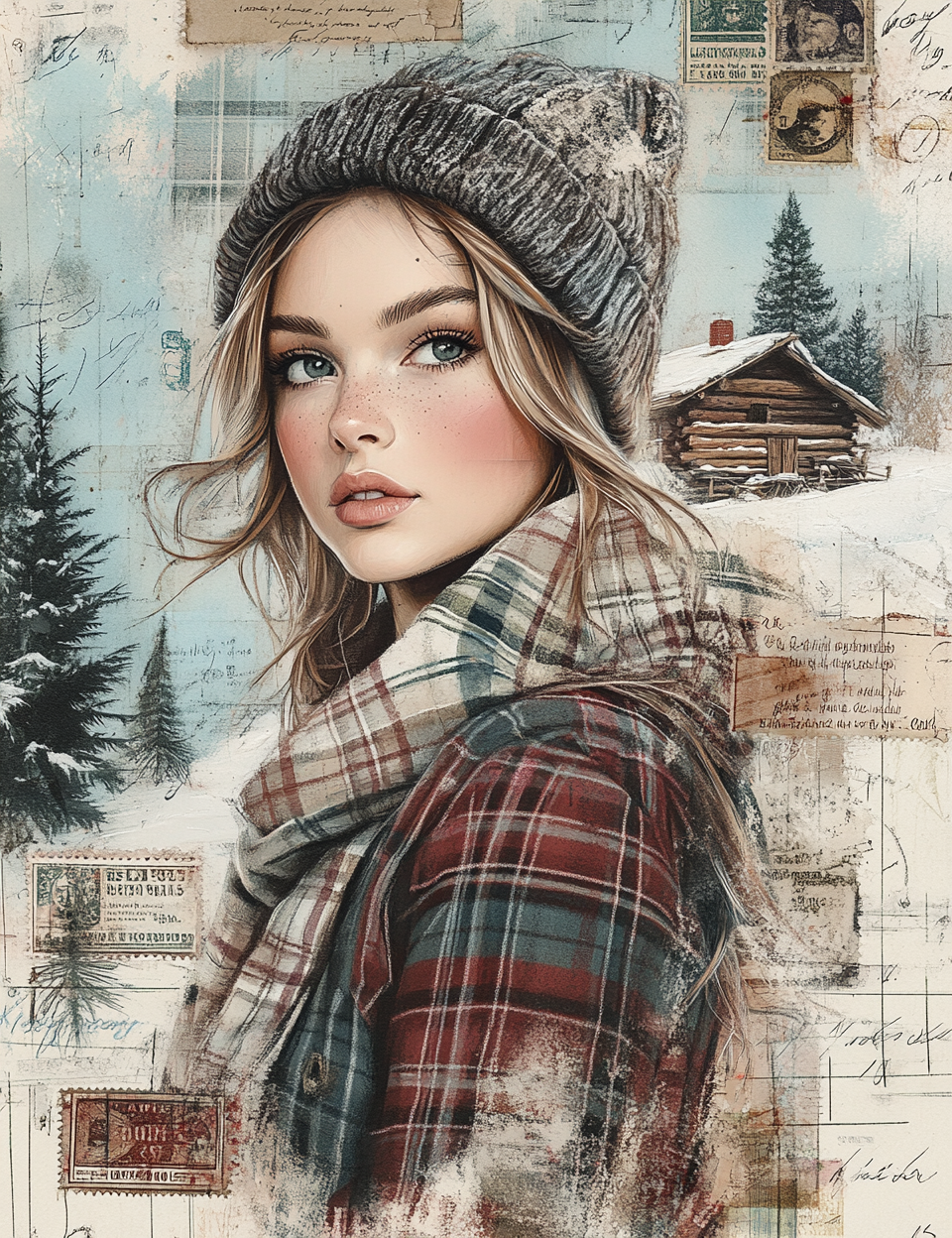 Woman in winter clothing with a rustic cabin and snowy landscape in the background