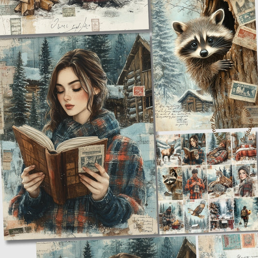 Collage of a woman reading a book in a snowy cabin setting with a raccoon and various scenes.