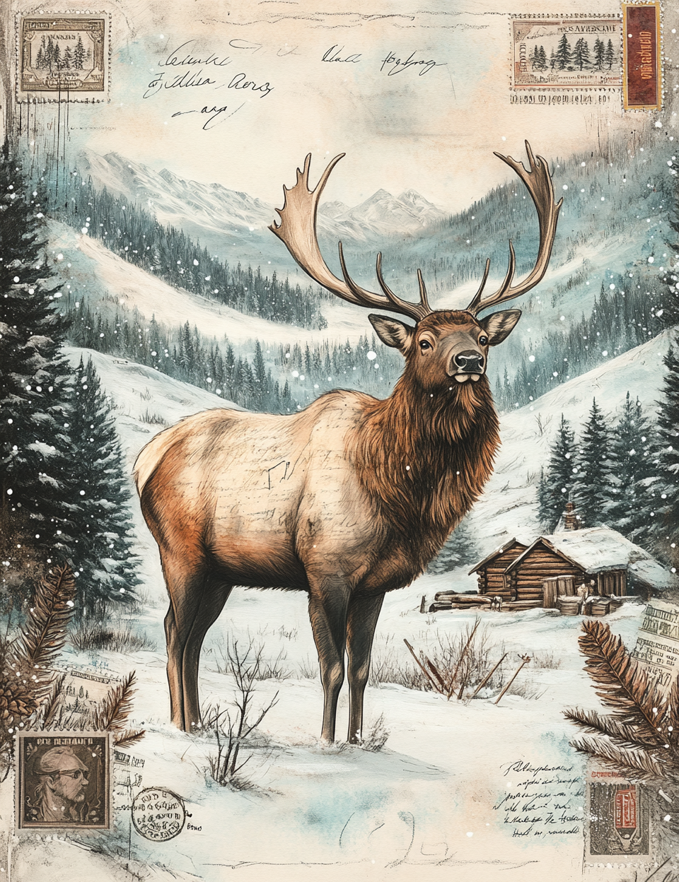 Stylized illustration of a large elk in a snowy landscape with mountains and a cabin.