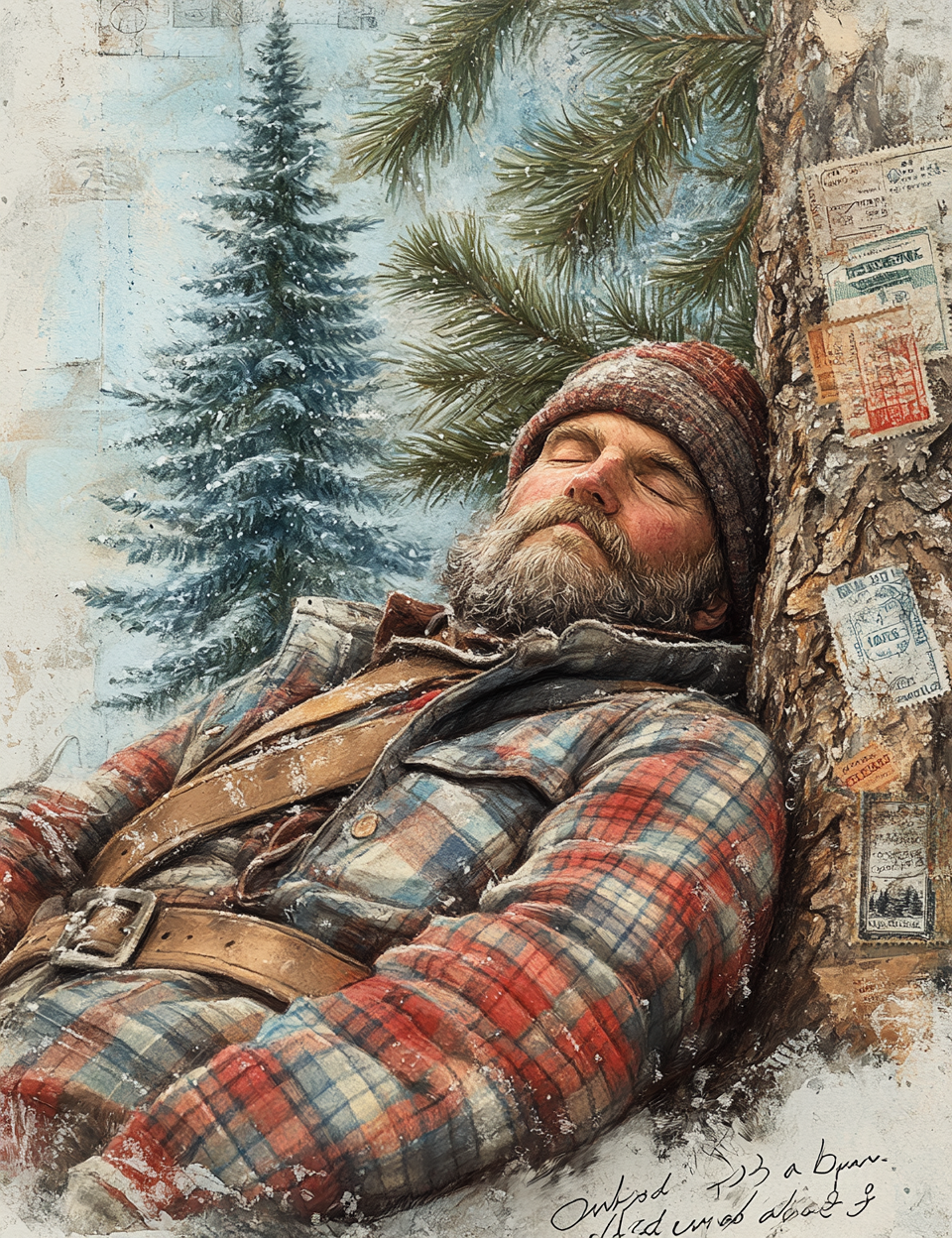Man in a plaid coat and hat resting against a tree with a snowy landscape and pine trees.