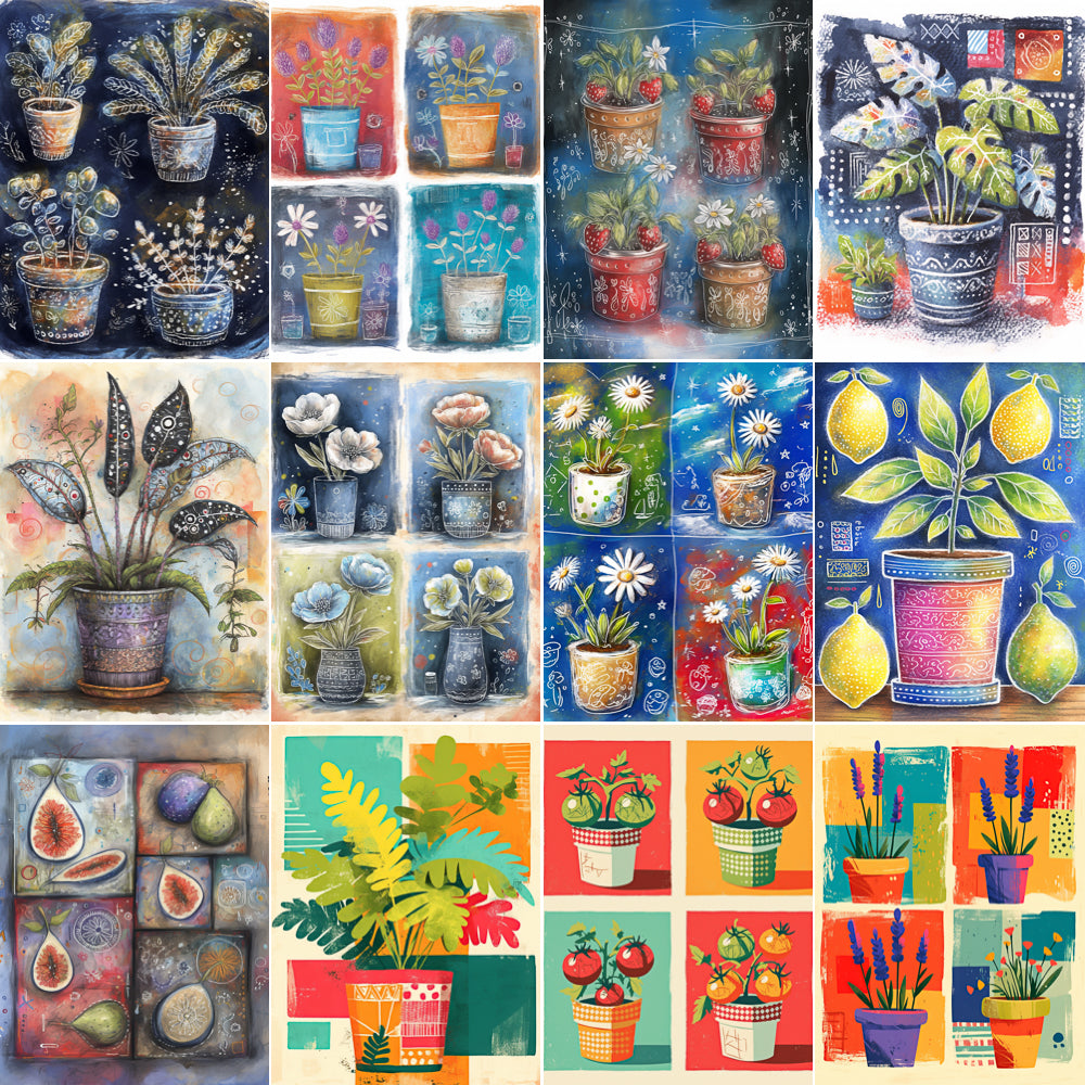 Collage of various plant-themed paintings with different styles and colors.