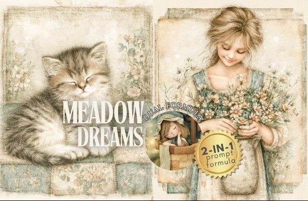 A vintage-style collage with three illustrated panels: a gray kitten on the left, a young girl holding flowers in the center, and a seated child on the right. The center panel includes the text 'MEADOW DREAMS' and a circular badge reading '2-IN-1 prompt formula.