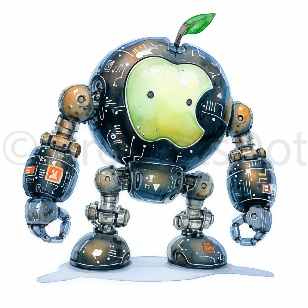 an apple Mechanic Tech Robot Illustrations Midjourney Prompts