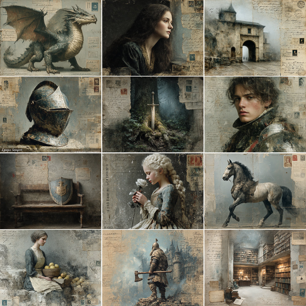 Collage of various medieval-themed images including a dragon, castle, armor, and people in historical attire.