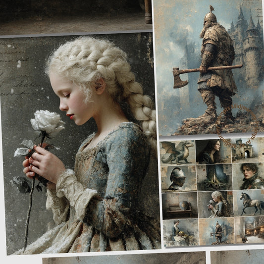 Collage of a woman in historical attire holding a flower and a warrior with a castle in the background.