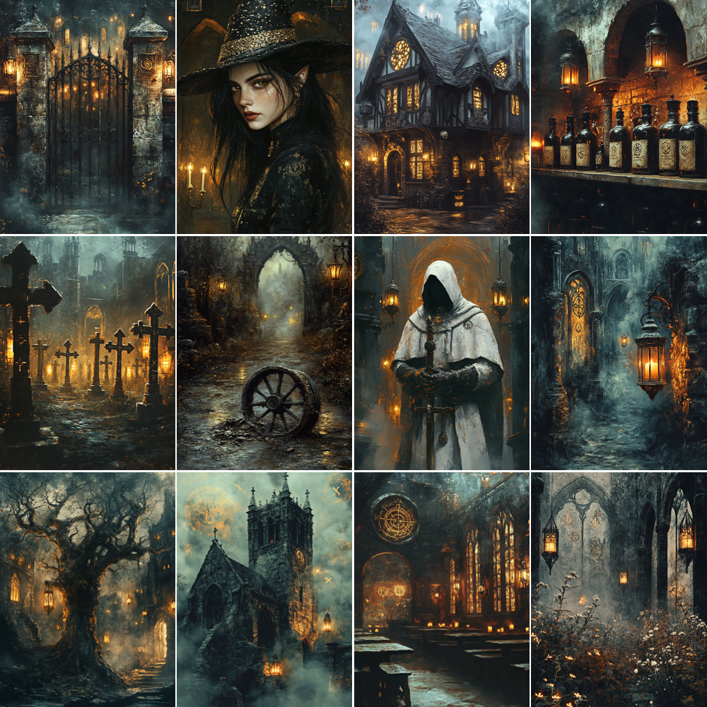 Collage of dark, atmospheric scenes including a witch, a haunted house, a hooded figure, and a cathedral.
