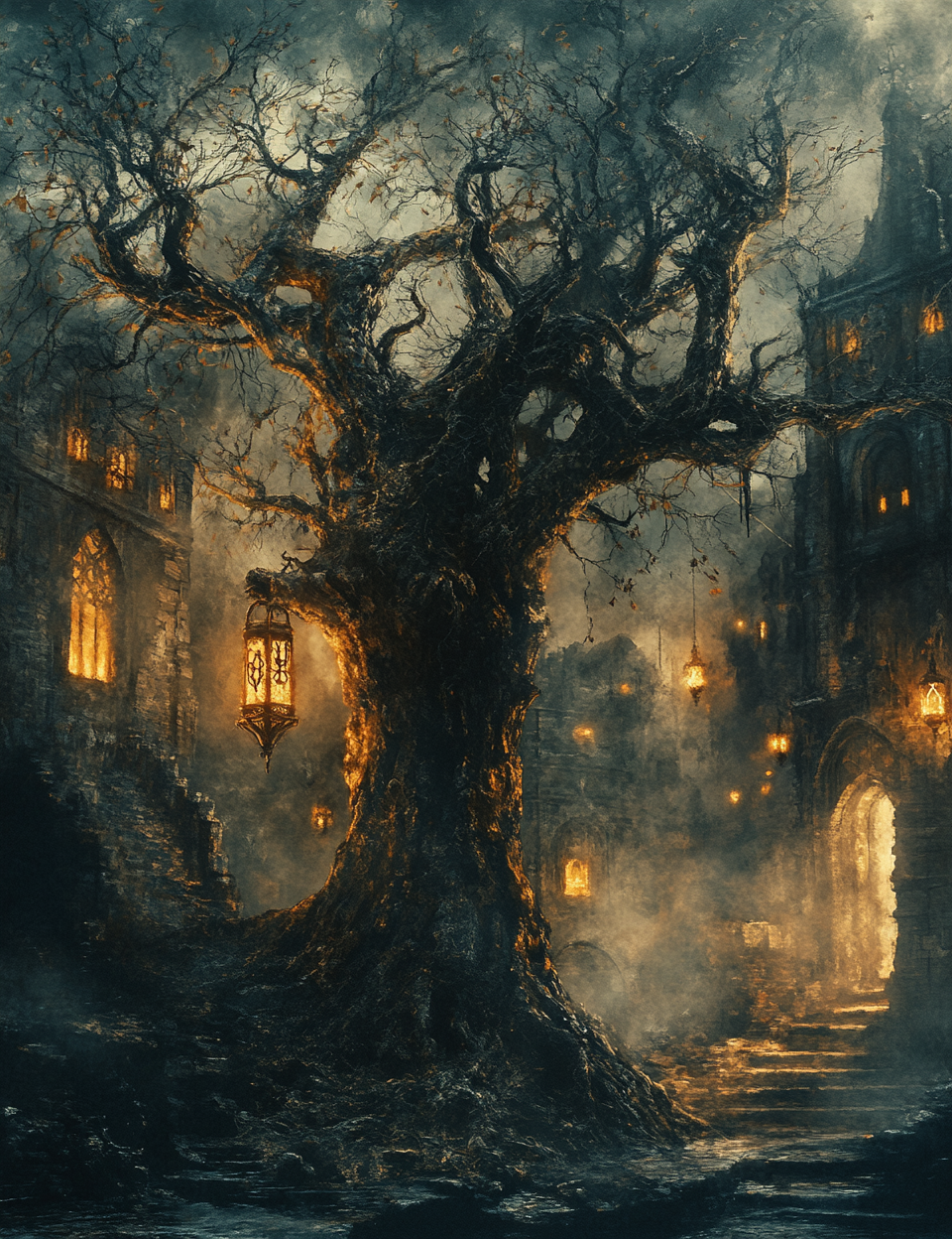 Mystical scene with a large tree in the foreground and a castle in the background, illuminated by lanterns.