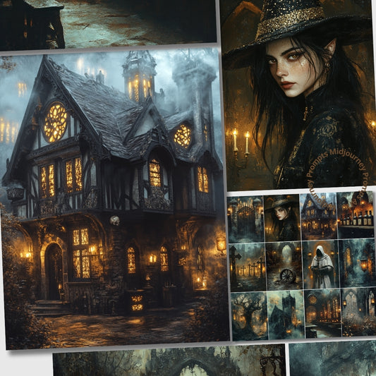 Collage of gothic-themed images including a house, a woman in a hat, and various scenes.