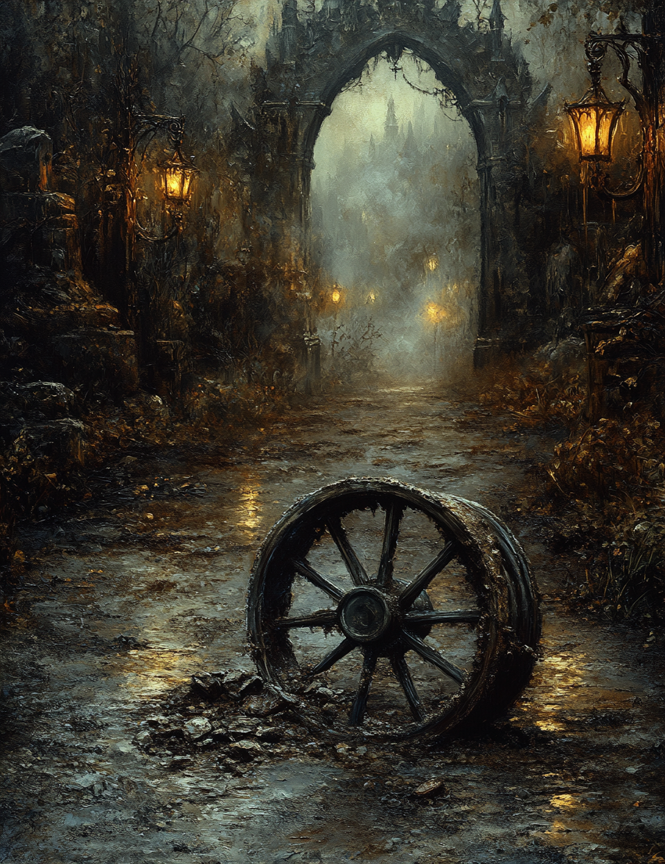 Dark, gothic scene with a wheel and archway illuminated by lanterns.