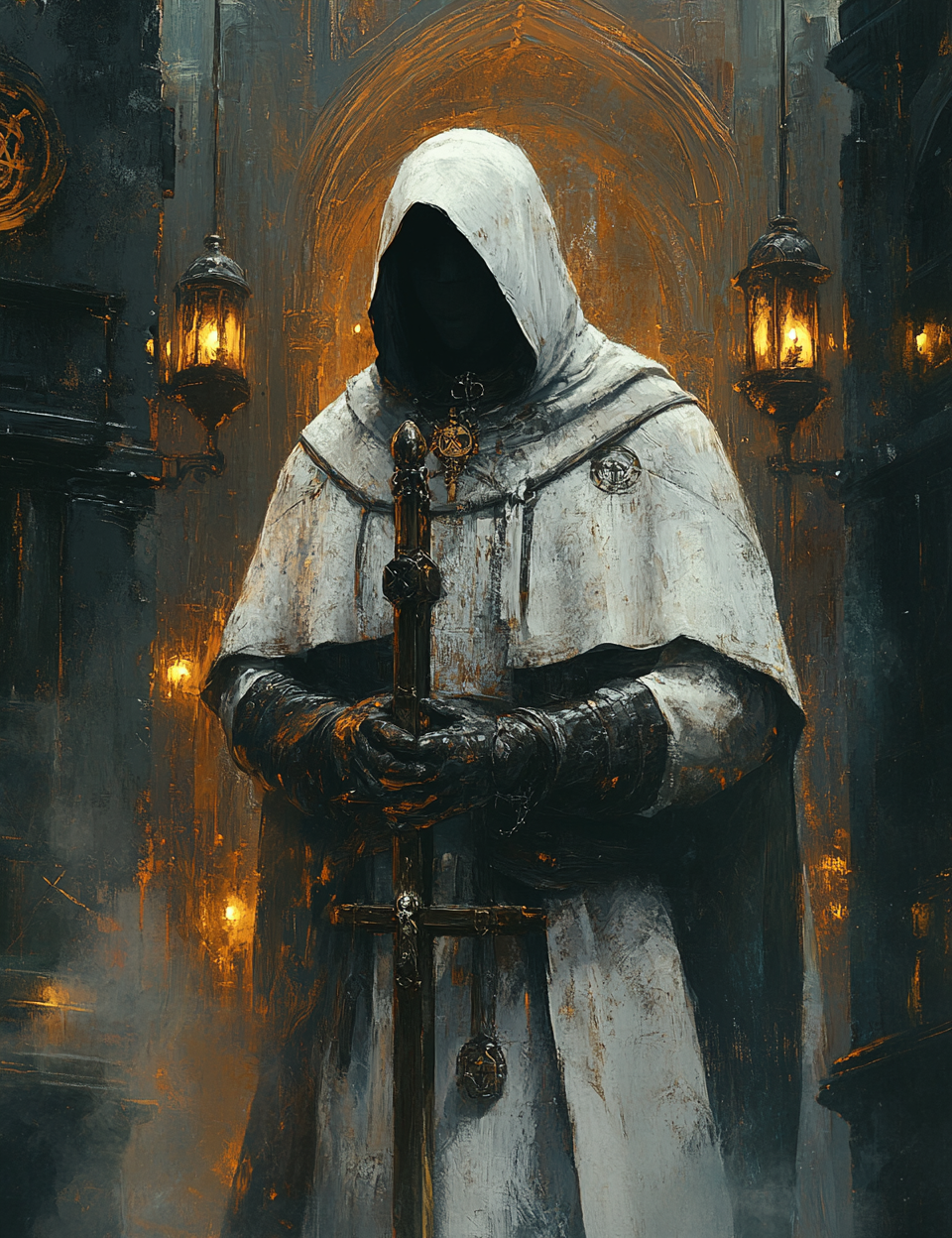 Figure in a hooded cloak holding a sword in a dimly lit, gothic-style setting.