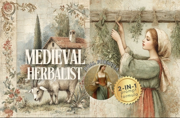 Midjourney V 7 Prompts for DUAL Medieval Herbalist Maiden Pages