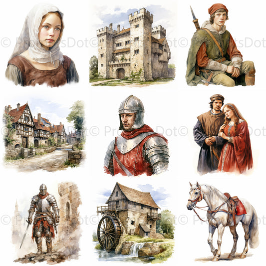 Medieval Watercolor Historic Clipart Digital Art and Midjourney Prompt Commercial Use