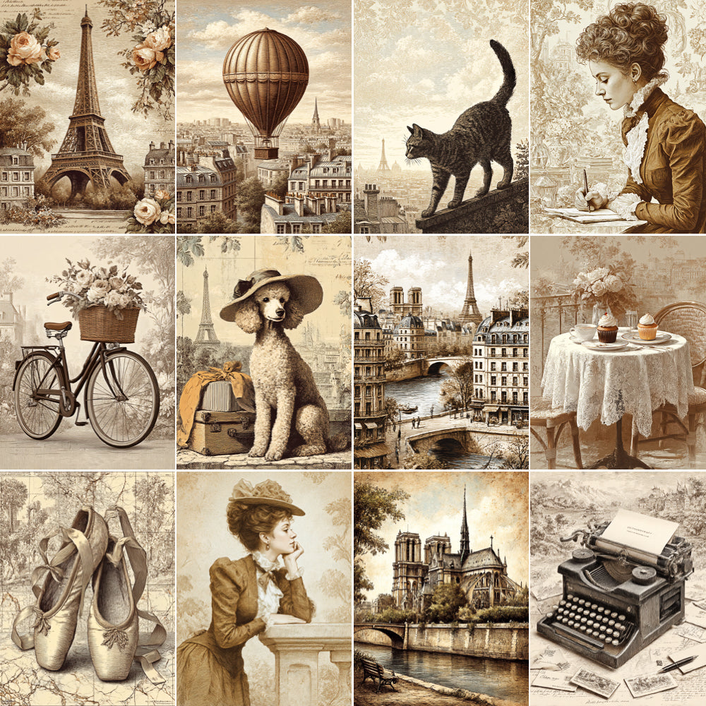 Collage of vintage-style images including the Eiffel Tower, hot air balloon, cat, bicycle, dog, and typewriter.