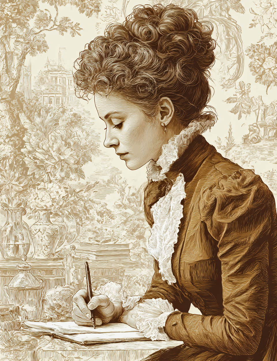 Vintage-style illustration of a woman writing at a desk with a decorative background